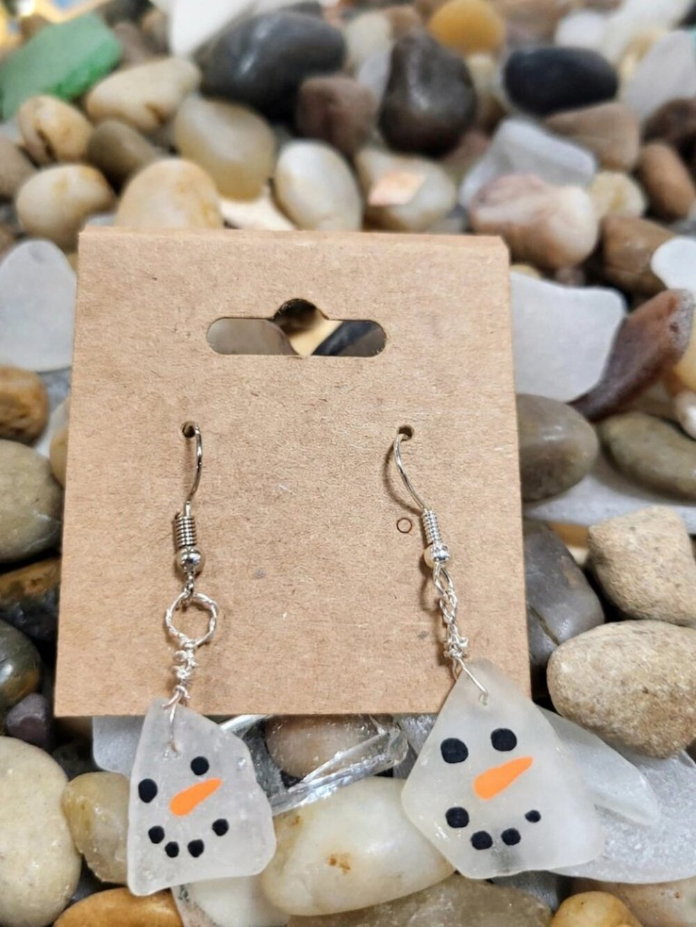Snowman Face Dangle Earrings - Handmade, Silver Hooks